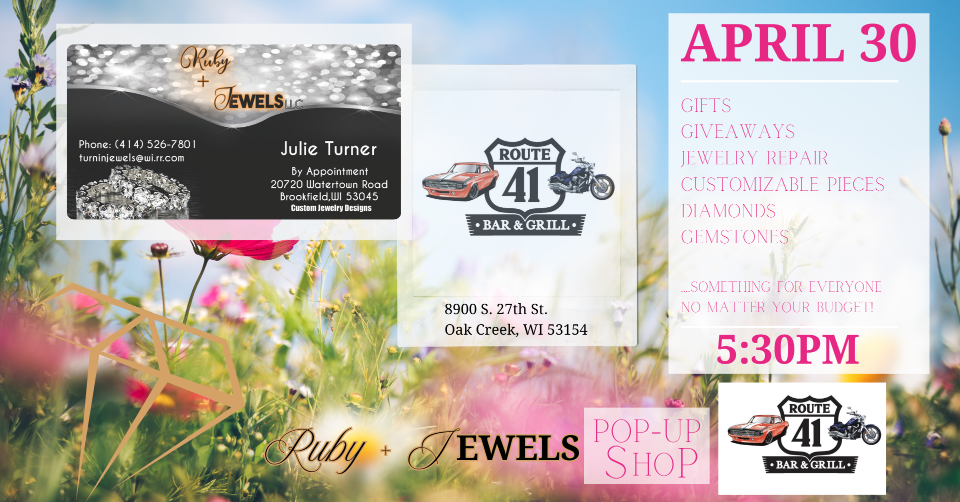 Julie Turner with Ruby + Jewels is having a pop-up shopping event at Route 41 Bar & Grill in Oak Creek WI 4/30/25 at 5:30pm!